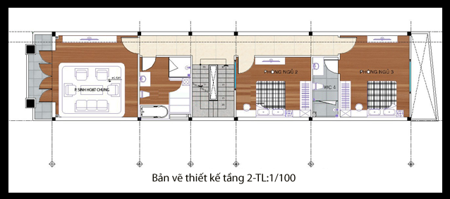 bản vẽ thi công nhà ống 2 tầng 40m2