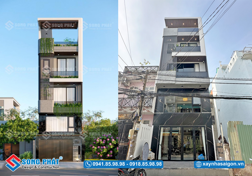 Hoàn thiện mặt tiền nhà 5x15m có garage ô tô trước hiện đại 