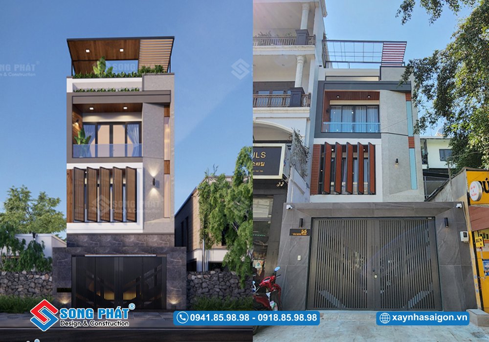 Mặt tiền không gian ngôi nhà 5m5x24m3 bố trí garage ô tô