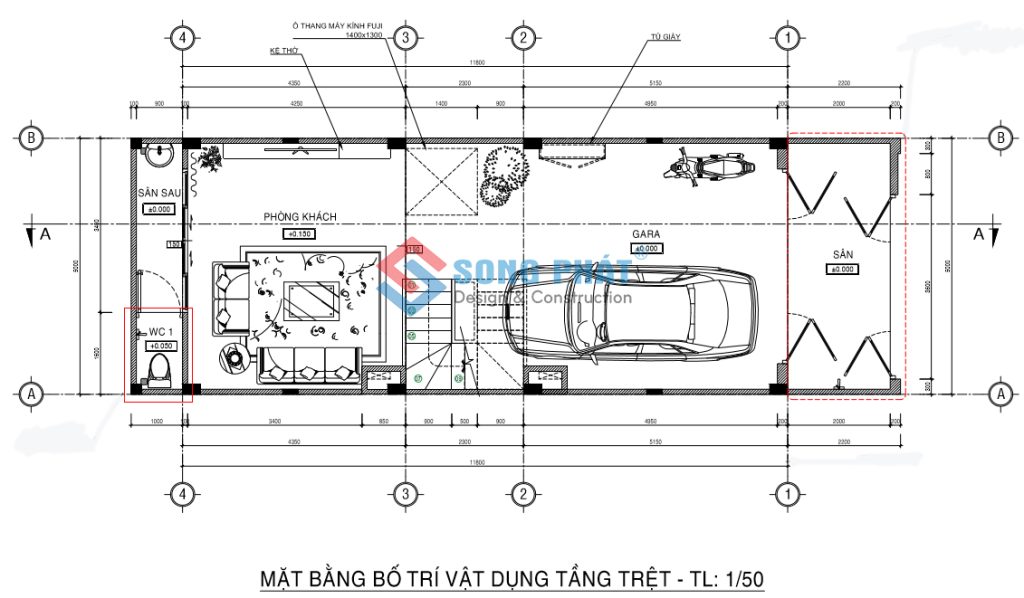 Mặt bằng bố trí vật dụng tầng trệt