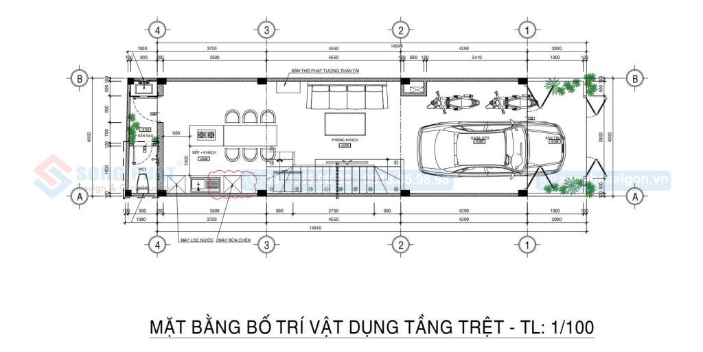 Mặt bằng công năng tầng trệt nhà có garage để xe