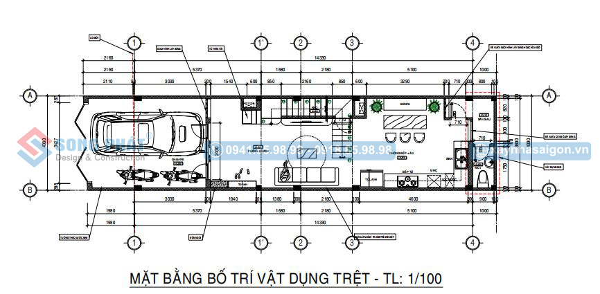 Mặt bằng công năng tầng trệt nhà có garage để xe