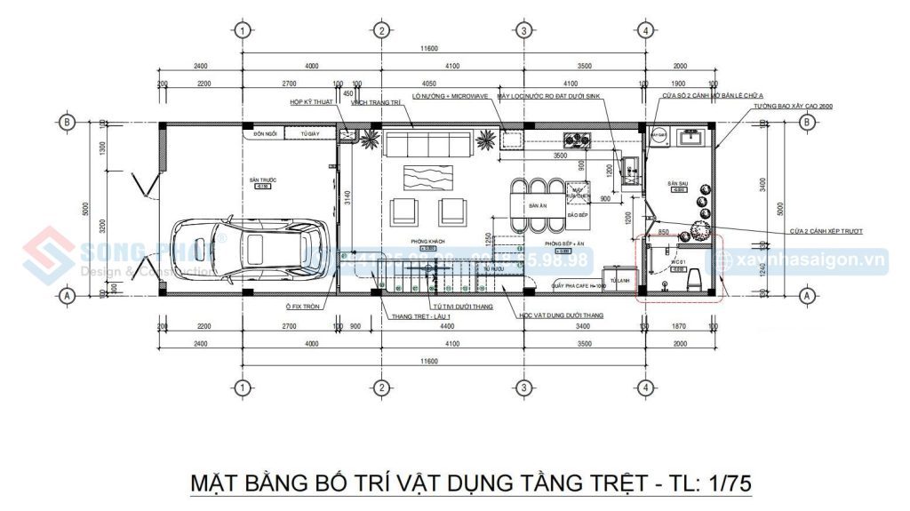 Mặt bằng công năng tầng trệt nhà có garage để xe