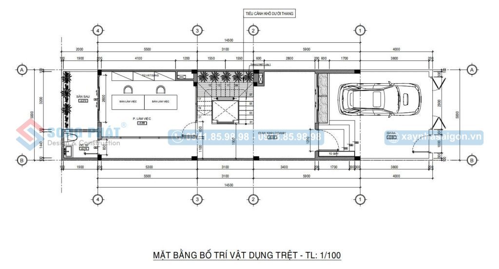 Mặt bằng công năng tầng trệt có garage để xe