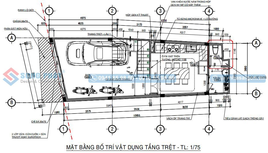 Mặt bằng công năng tầng trệt có garage để xe