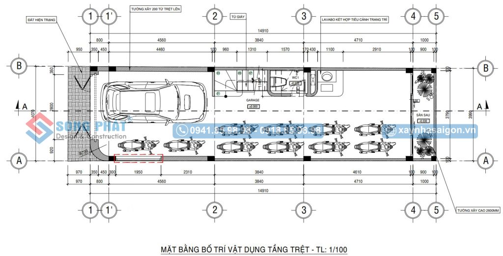 Toàn bộ không gian tầng trệt phục vụ cho mục đích để xe 