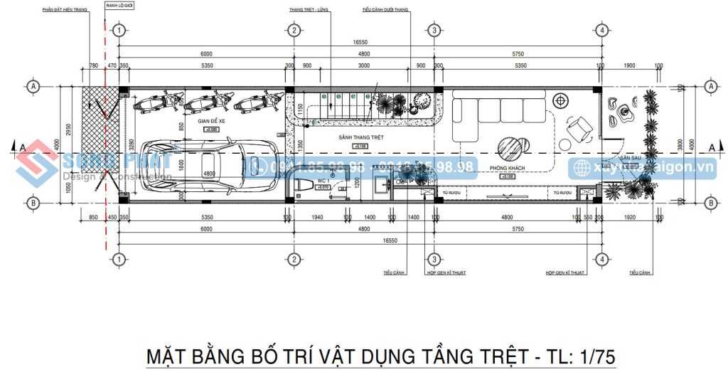 Phương án bố trí tầng trệt nhà có garage để xe 