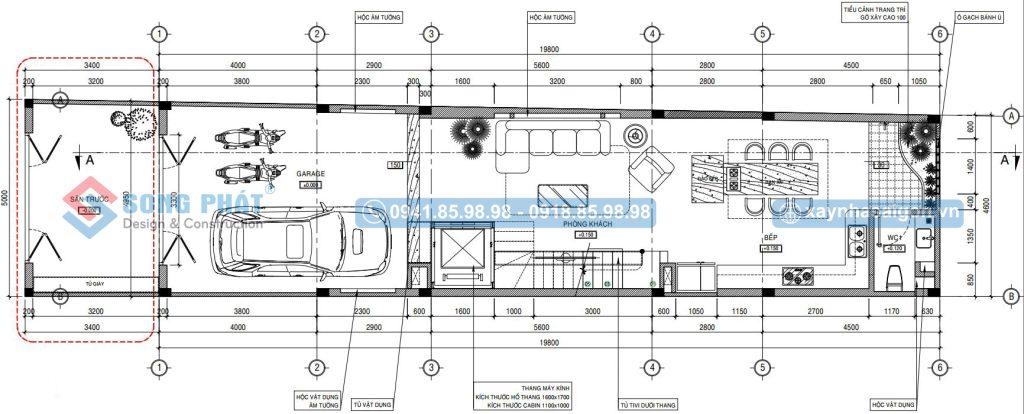 Mặt bằng bố trí công năng tầng trệt có garage để xe 