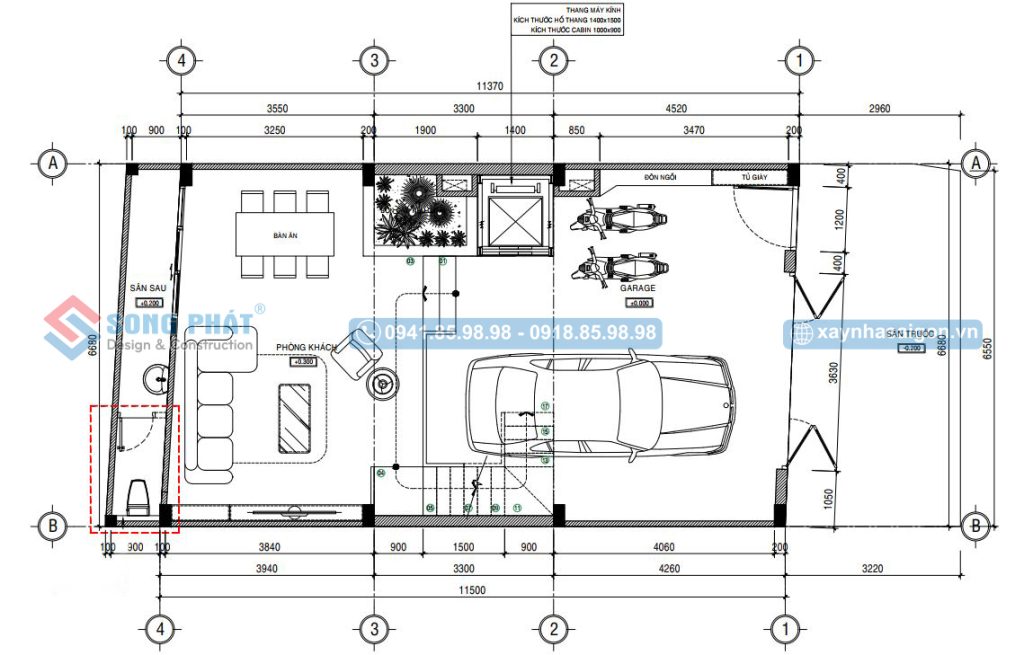 Mặt bằng công năng tầng trệt có chỗ để xe oto