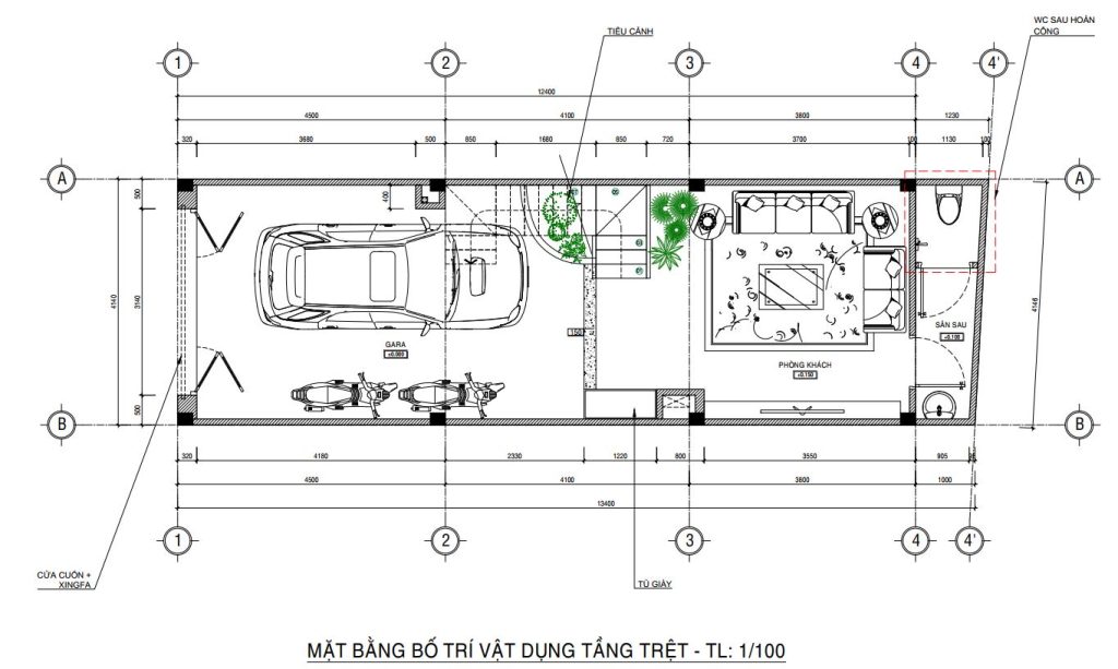 Mặt bằng công năng tầng trệt nhà có garage để xe 