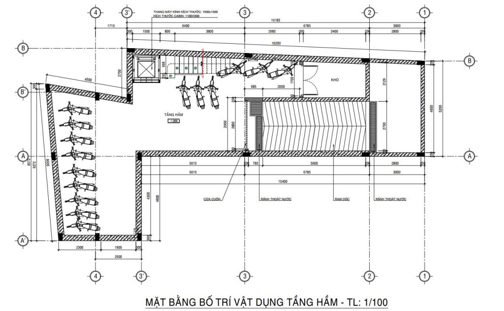 Mặt bằng bố trí tầng hầm để xe 