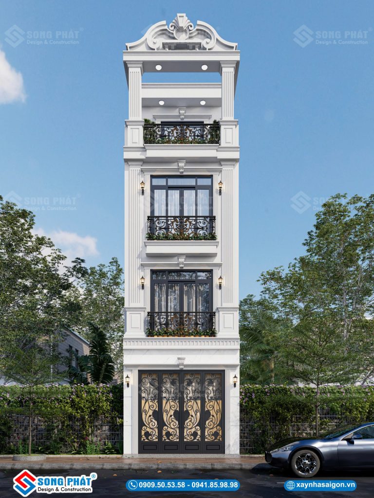 Tổng thể mặt tiền nhà 4 tầng 4x13m theo phong cách tân cổ điển