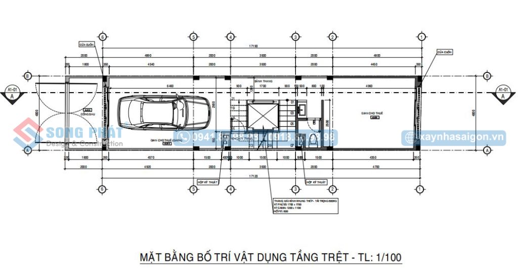 Mặt bằng công năng tầng trệt nhà có garage để xe