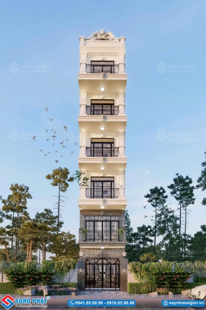 Mặt tiền chính diện của nhà tân cổ điển 4m4x19m nổi bật với vẻ sang trọng và tỷ lệ kiến trúc tinh tế