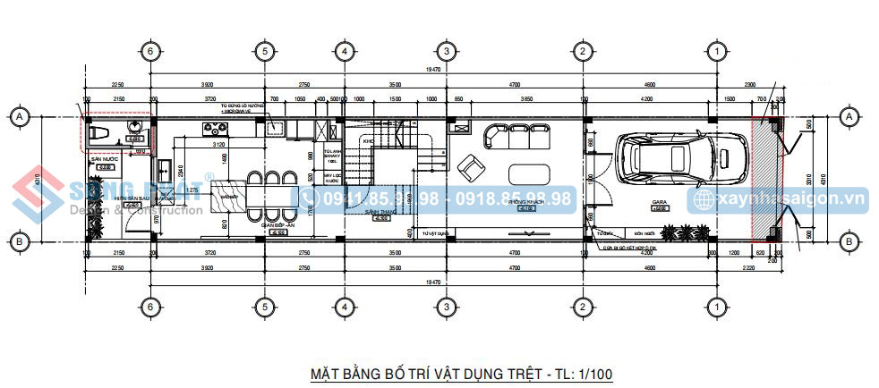 Mặt bằng công năng tầng trệt có garage để xe