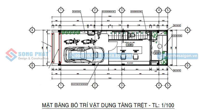 Mặt bằng công năng tầng trệt nhà có garage để xe