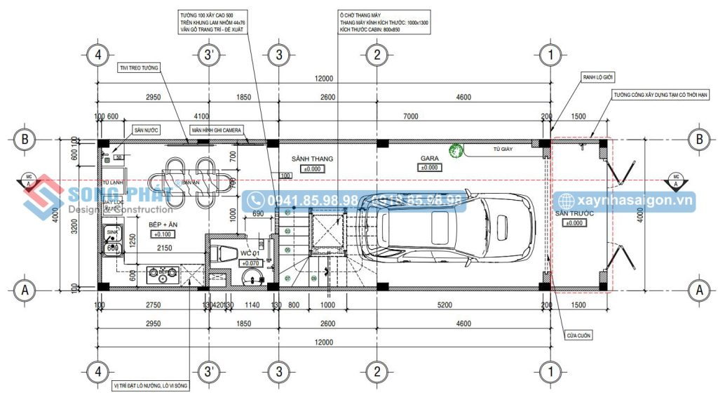 Mặt bằng công năng tầng trệt có garage để xe 