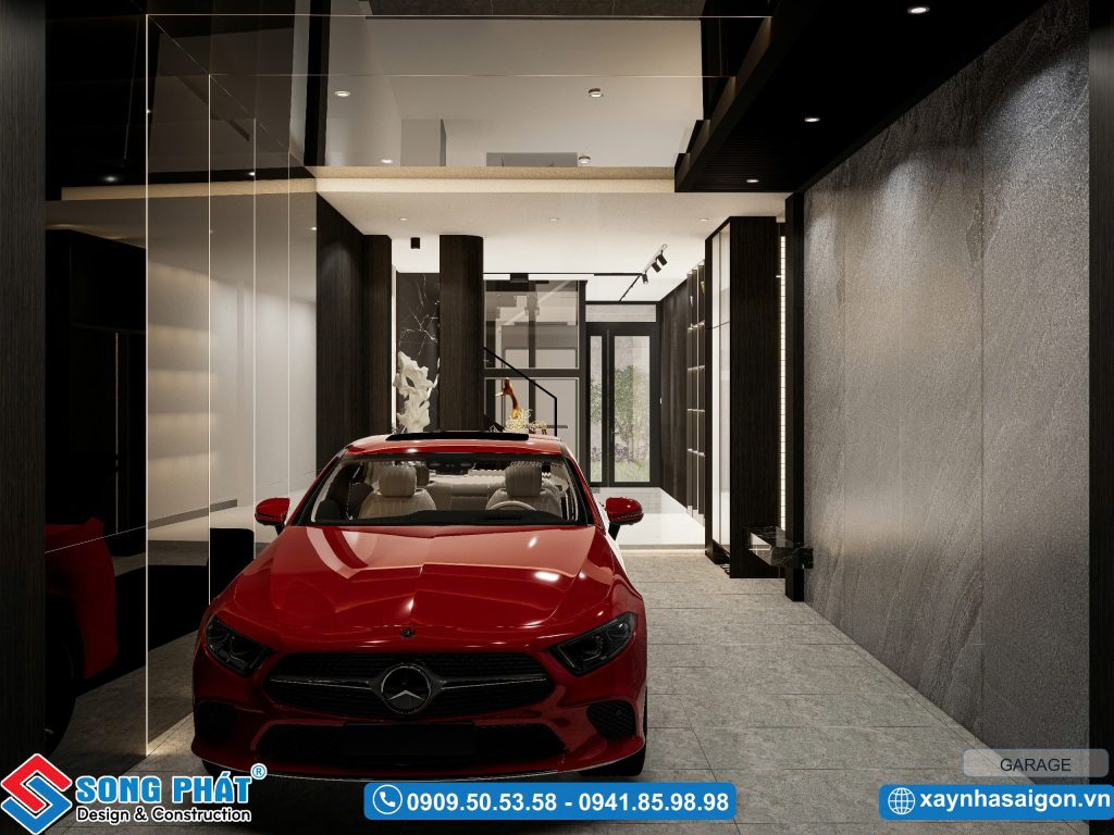 Phối cảnh tầng trệt có garage rộng rãi 