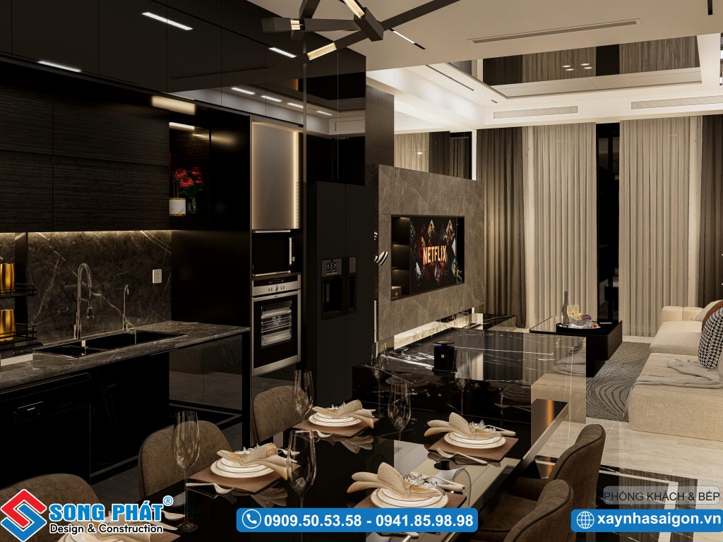 không gian bếp và khách được thiết kế thông nhau tạo cảm giác rộng rãi, thoáng đạt