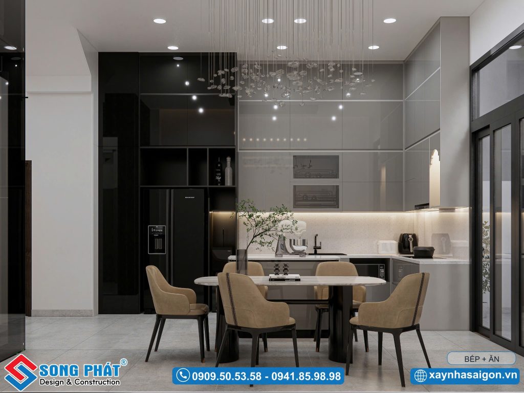 Đèn treo trần tạo điểm nhấn thẩm mỹ cho tổng thể không gian tạo nên một thiết kế bếp đẹp