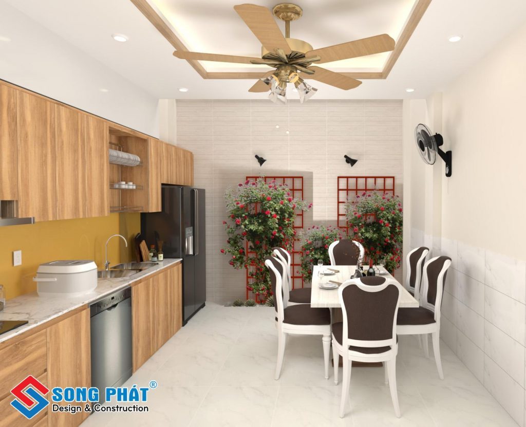 Phòng ăn nội thất gỗ có khu vực tiểu cảnh xanh ngát mang đến không gian tận hưởng trong lành cho gia đình
