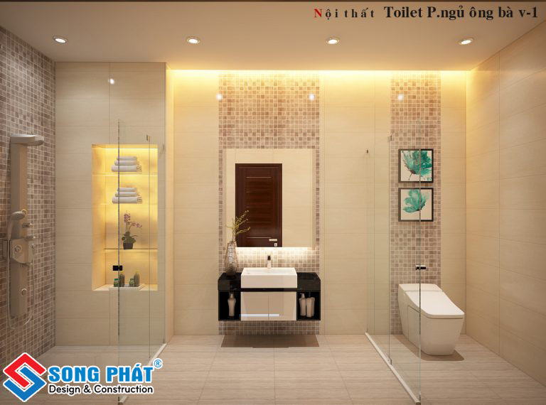 thiết kế phòng tắm với gạch mosaic.