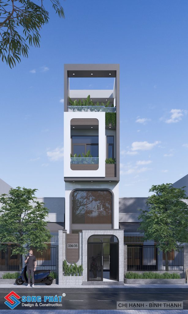 Concept mặt tiền nhà với thiết kế hình khối hộp nổi trên sắc trắng nâu