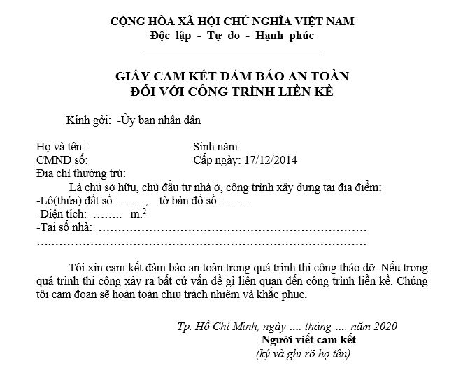 Giấy cam kết an toàn nhà liền kề trong hồ sơ xin giấy phép xây dựng.