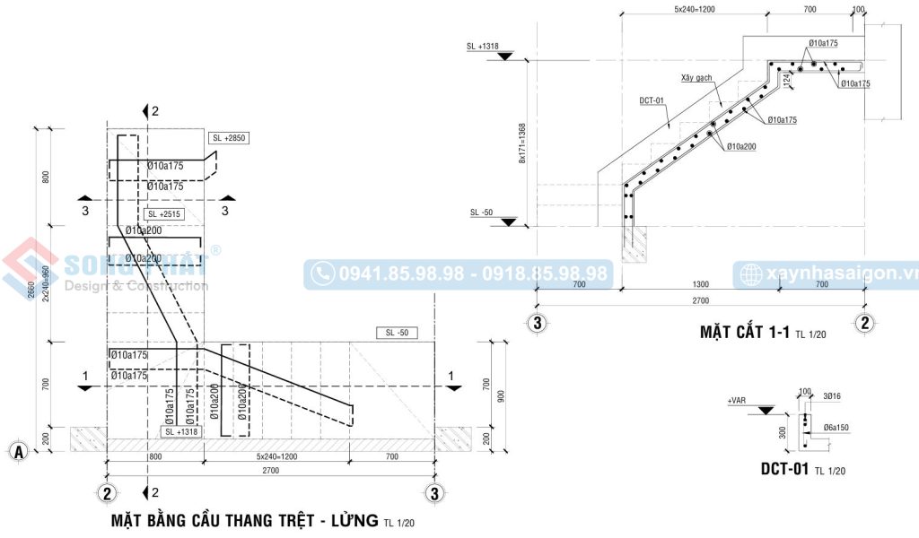 Chi tiết cầu thang trong phần kết cấu của Song Phát, ghi chú đầy đủ kích thước cao độ