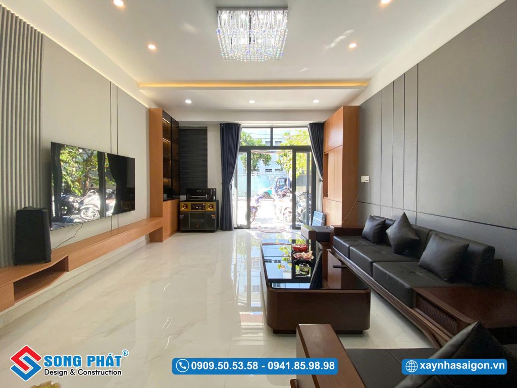 Lam sóng hiệu ứng bê tông làm nổi bật phần tường phòng khách
