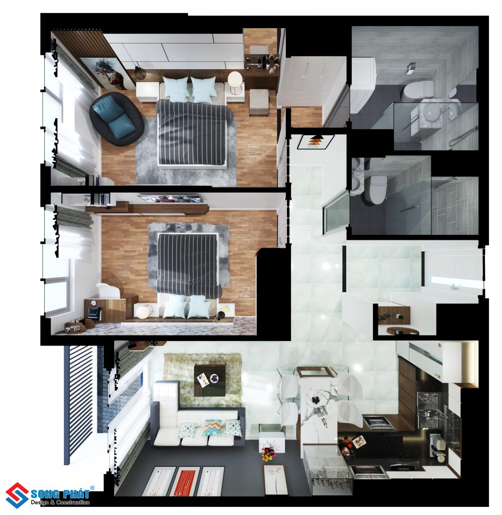 Mẫu thiết kế nội thất căn hộ chung cư 70m2 2 phòng ngủ ở Tân Phú