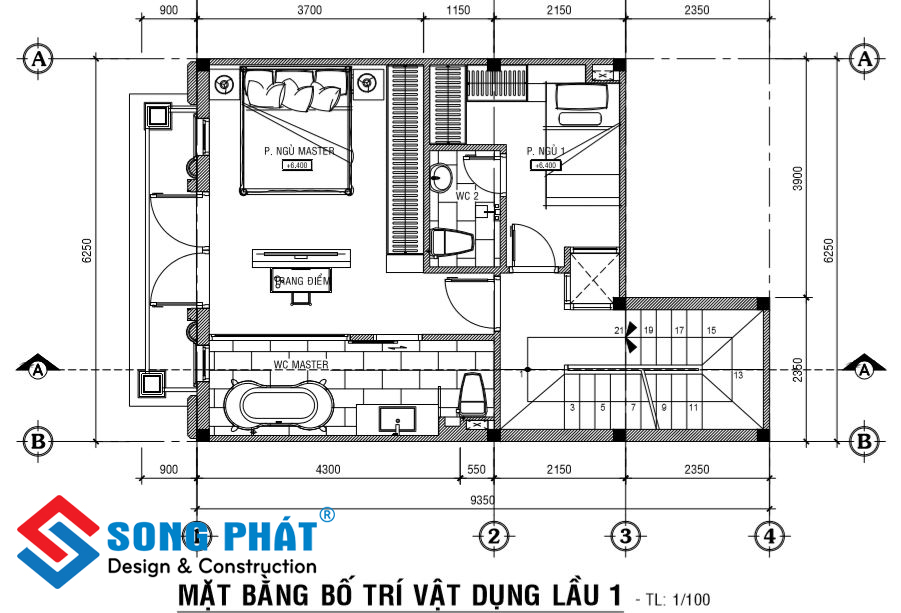 Mặt bằng lầu 1 nhà 1 trệt 1 lửng 2 lầu sân thượng tân cổ điển