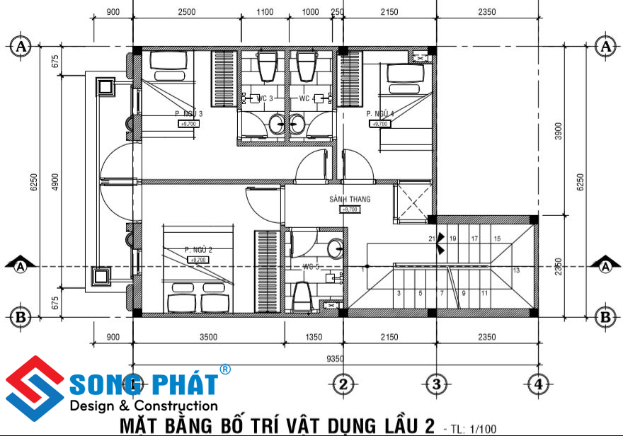 Mặt bằng lầu 2 nhà 1 trệt 1 lửng 2 lầu sân thượng tân cổ điển