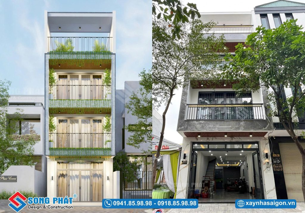 Mặt tiền nhà 3 tầng 5x20m được hoàn thiện giống thiết kế