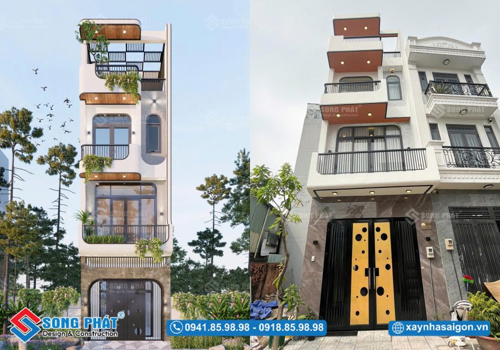 Mặt tiền hoàn thiện theo phong cách hiện đại, gọn gàng và bền vững