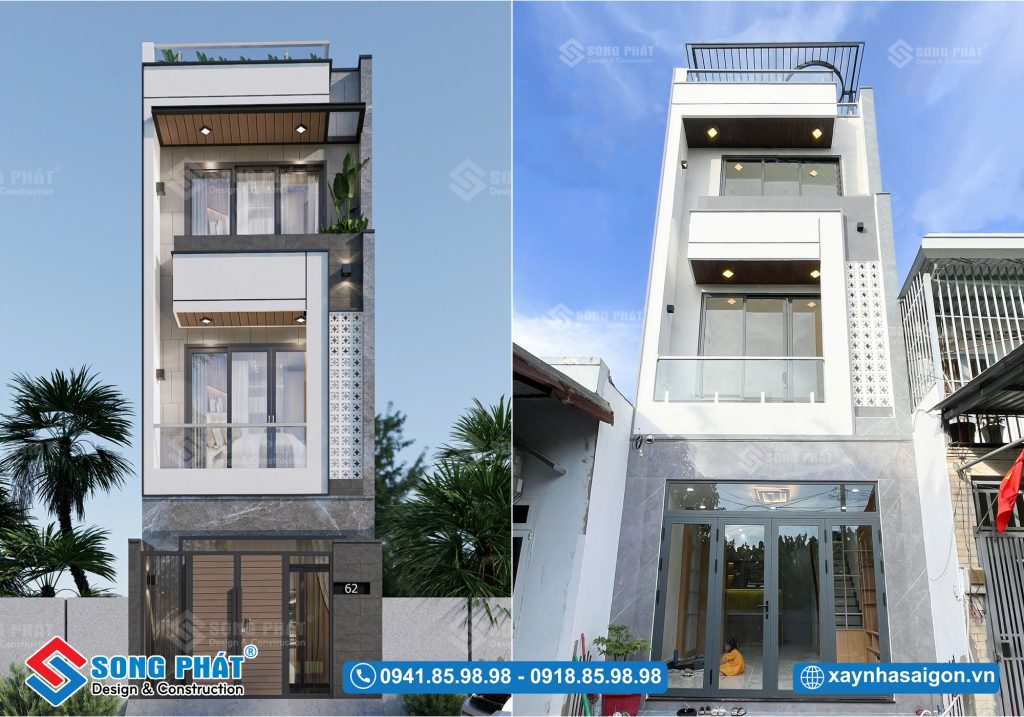 Khối mặt tiền vuông vức kết hợp bông gió trang trí tạo một vẻ đẹp hài hòa, gần gũi