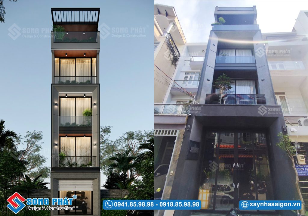 Mặt tiền hiện đại với gam xám sang trọng, thiết kế tối giản nhưng đầy tinh tế.