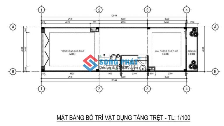 Phương án mặt bằng công năng tầng trệt nhà 4x14m. 