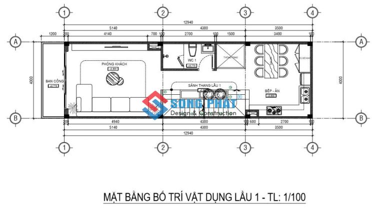 Mặt bằng công năng lầu 1 với phòng khách và bếp ăn. 