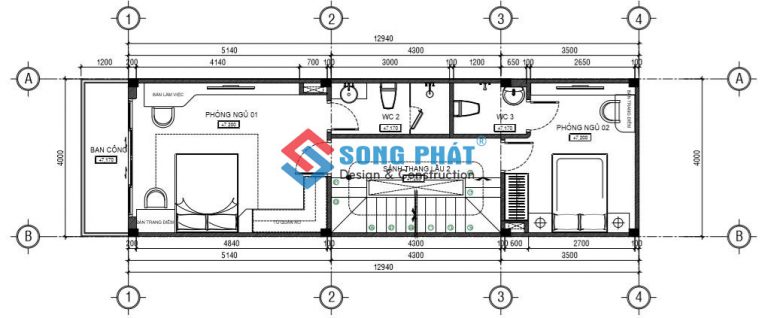 Công năng lầu 1 với 2 phòng ngủ phía trước và sau nhà. 