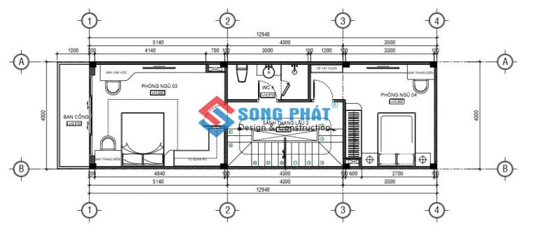 Mặt bằng công năng lầu 2. 