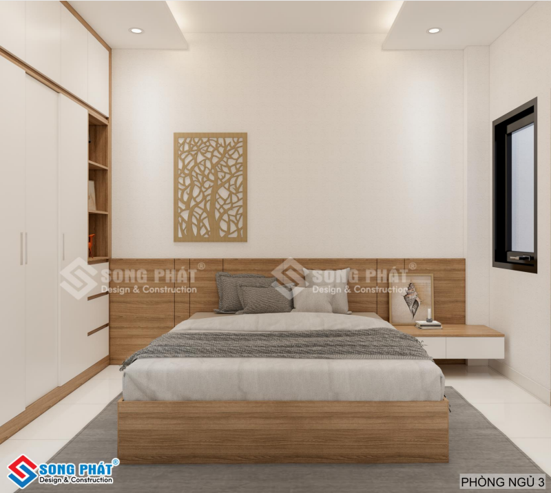 Phòng ngủ sử dụng đồ nội thất màu gỗ 