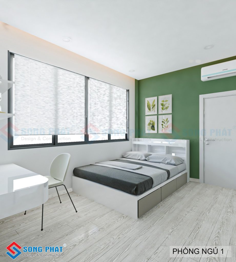 Thiết kế phòng ngủ nổi bật với sắc xanh lá tươi mát cùng với những bức tranh hoa lá gần gũi với thiên nhiên. 