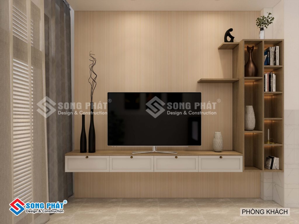 Thiết kế kệ tivi và tủ đựng vật dụng đơn giản cho phòng khách. 