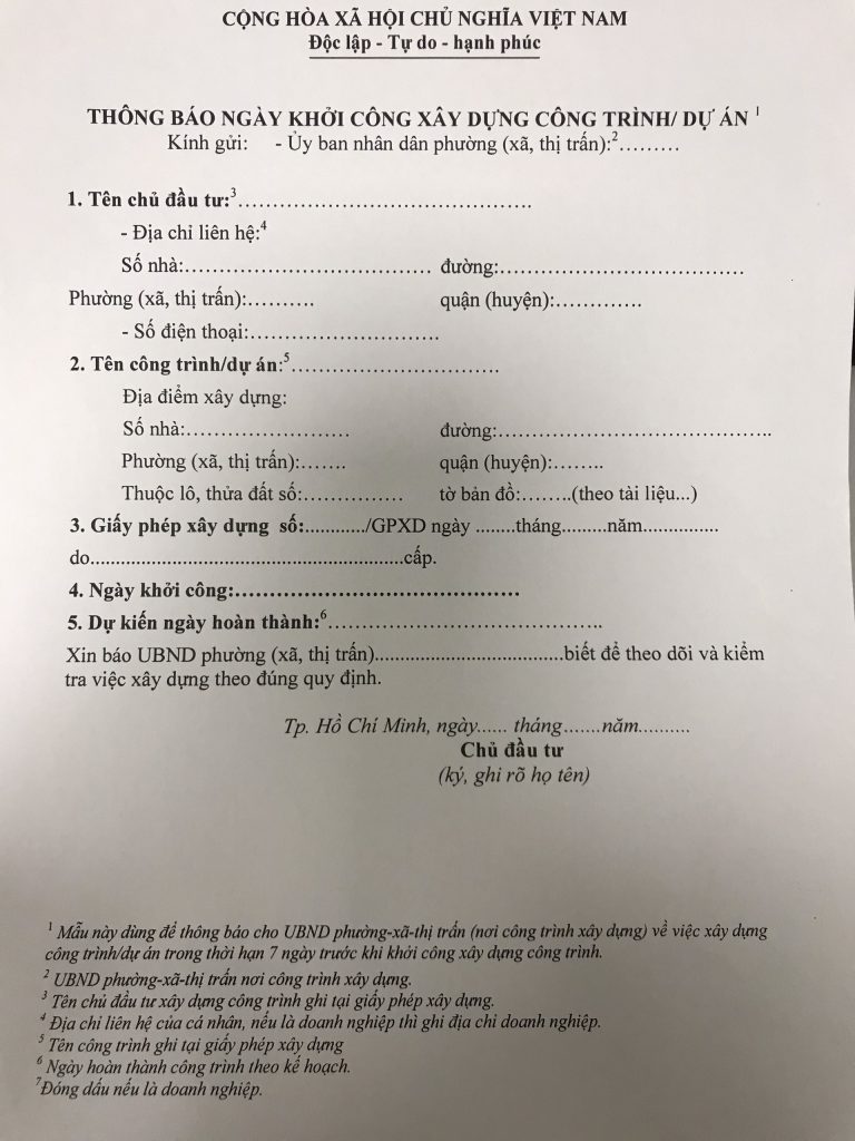 Mẫu đơn thông báo khởi công nhà phố.