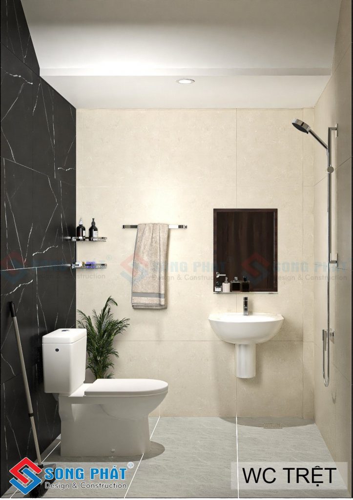 Nhà vệ sinh ốp đá kim sa trung sang trọng, sạch sẽ, đảm bảo quá trình dọn dẹp dễ dàng. 