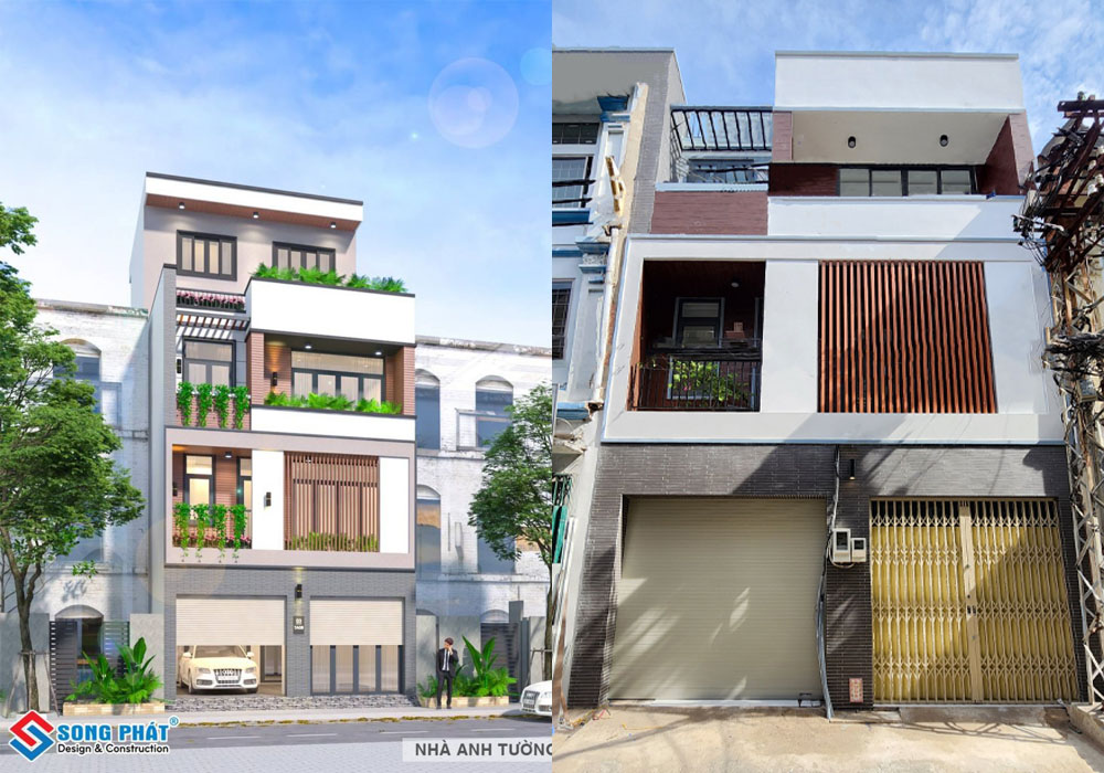 Hoàn thiện ngôi nhà phố lệch tầng với sự thay đổi màu sắc mặt tiền theo sở thích của CĐT. 