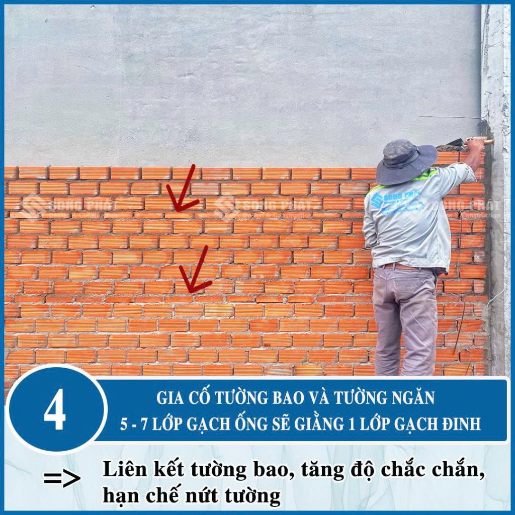 Tăng tính kiên cố bằng cách gia cố tường bao và tường ngăn bằng gạch đinh.