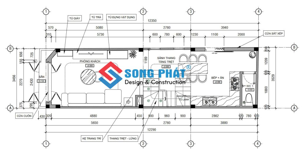 Mặt bằng bố trí vật dụng tầng trệt. 