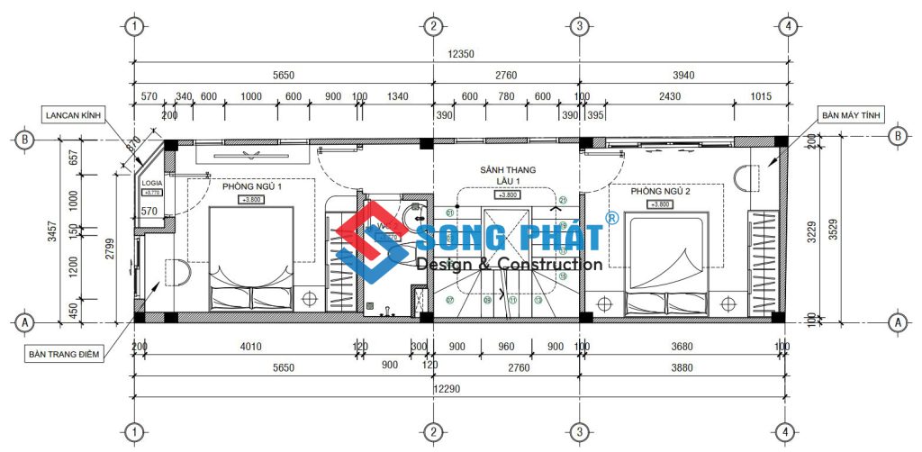 Mặt bằng bố trí vật dụng lầu 1. 